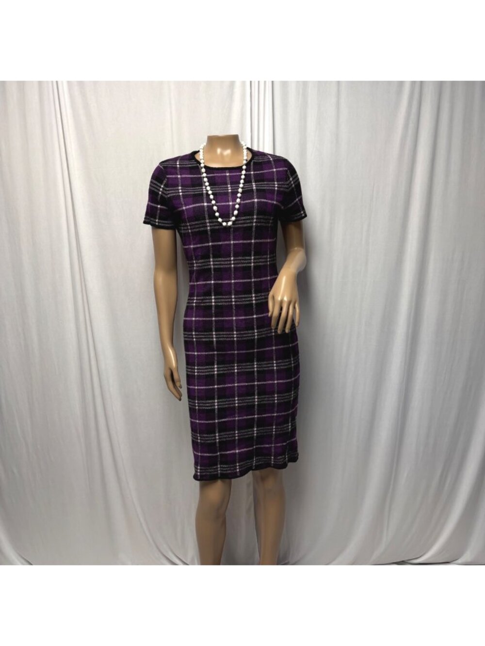 Ava Knit Dress Womens Small Purple Black Plaid Short Sleeve Sheath Bodycon New